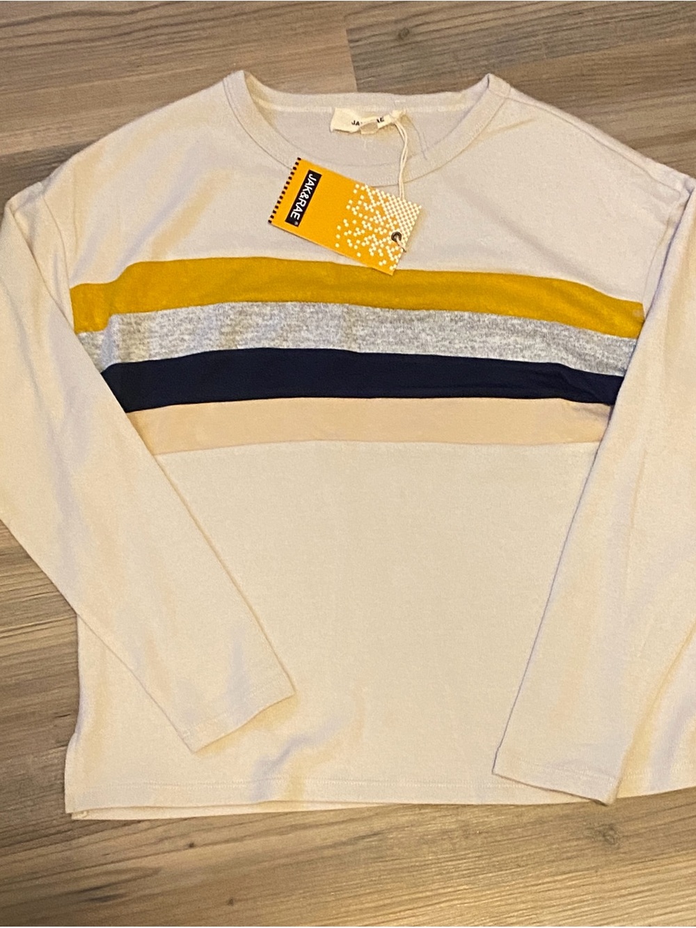 Striped Crewneck Long-Sleeve Tee - Beige with Mustard, Gray & Navy